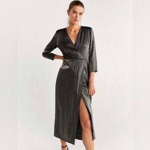 Mango MNG Women's Metallic Gray Wrap Sheath Cocktail Evening Dress with a Slit